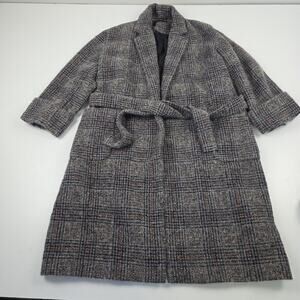 Zara Woman Coat Womens XL Gray Glen Plaid Belted Wrap Wool Alpaca Mohair Blend‎